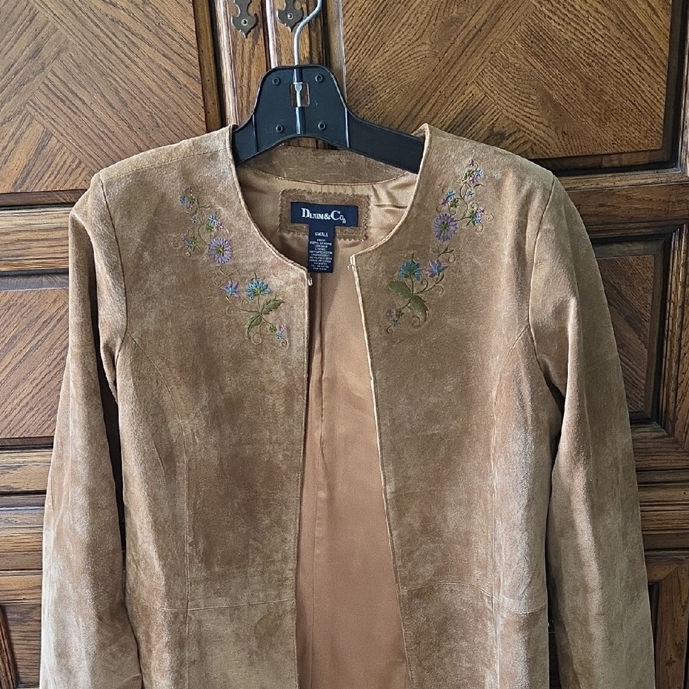 Denim&Co Tan Suede Coat with Embroidered Floral Accents